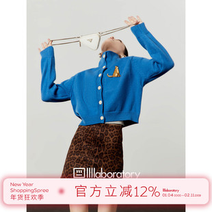 周里物/蓝色毛衣女2025秋季新款豹纹绣章高领慵懒风宽松百搭开衫