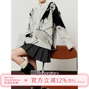 周里物/黑灰拼色针织衫女2025秋季新款拼接慵懒宽松圆领针织外套