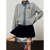 牛仔拼接金扣宽松针织开衫 新款 女2026春季 「周里物出品」灰色开衫