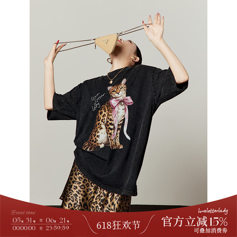 周里物/做旧炒花黑蝴蝶结豹猫印花t恤女2026新款夏慵懒风复古短袖