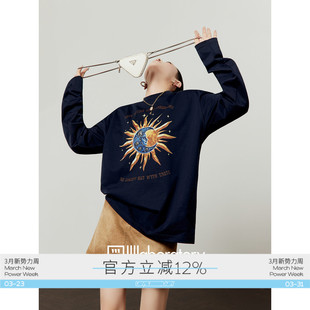 周里物出品「蓝月太阳」海军蓝T恤女2026春季 宽松休闲风上衣 新款