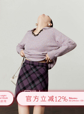 周里物/紫色毛衣女2026春季新款小翻领撞色显瘦通勤百搭针织上衣