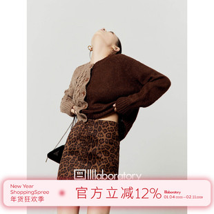 周里物/棕色开衫毛衣女2025秋季新款圆领拼接短款上衣设计感外套