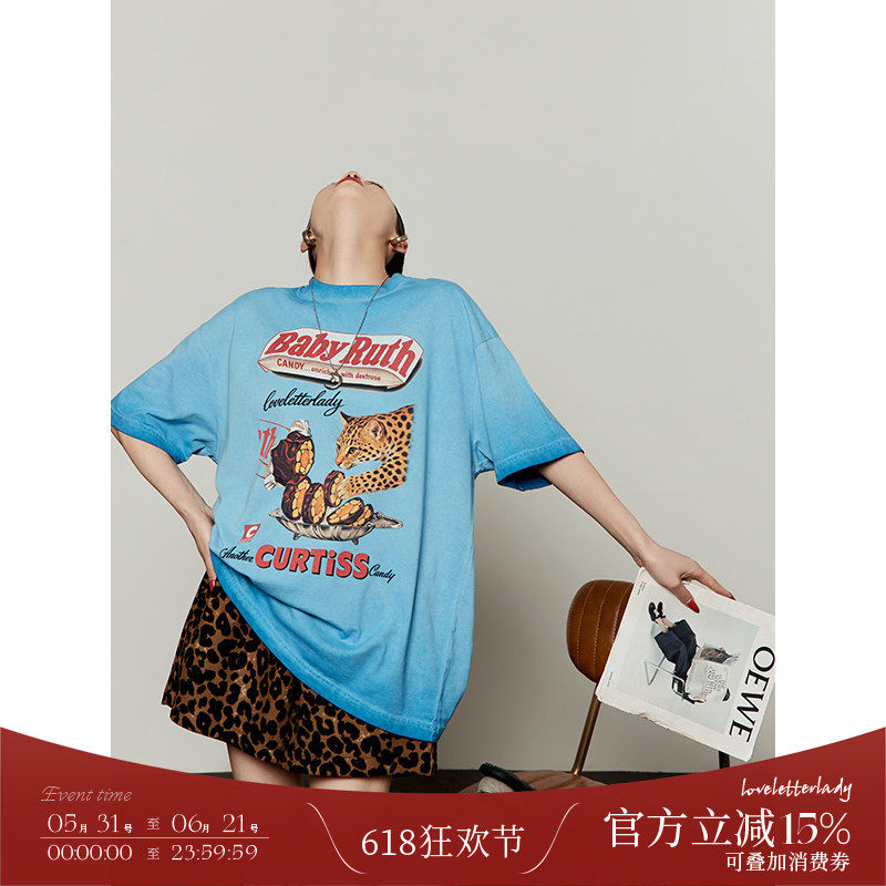 周里物/水洗蓝豹纹印花T恤女2026夏季新款美式做旧宽松潮流短袖