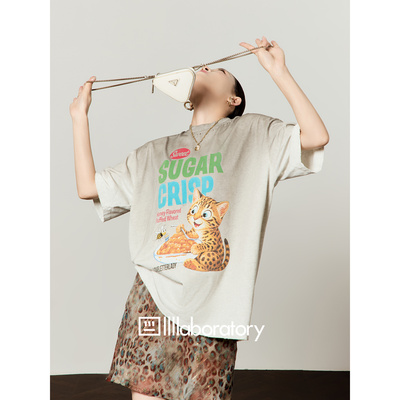 周里物黑渐花灰豹猫印花短袖T恤