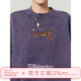 「周里物出品」蜡紫色卫衣女2025秋季新款印花休闲风做旧圆领上衣