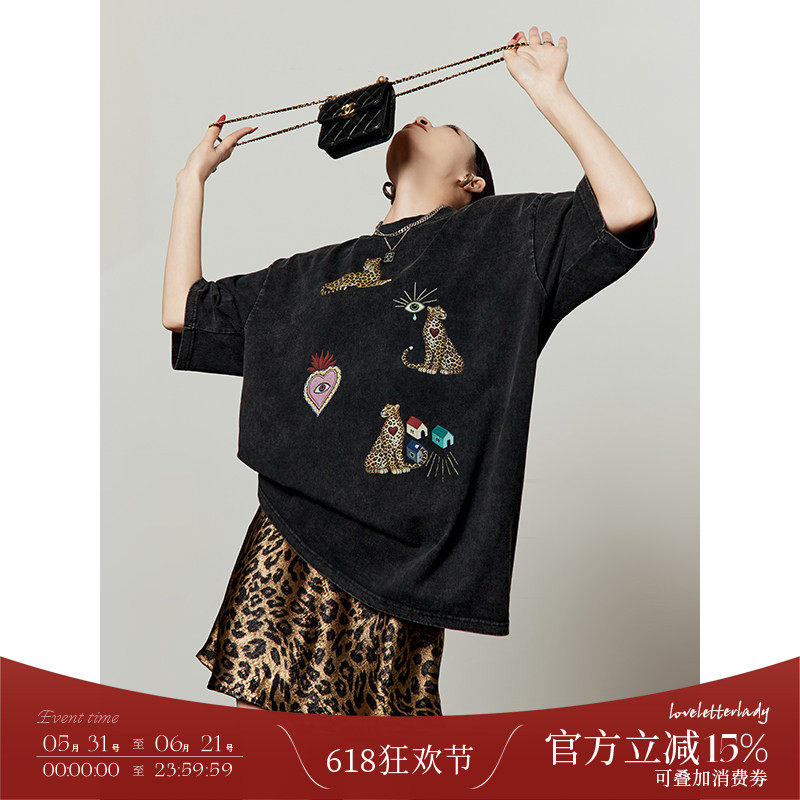 周里物/水洗黑原创印花短袖t恤2026夏季新款女装宽松复古做旧上衣