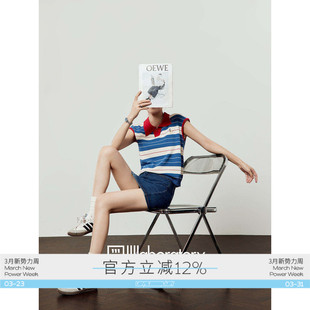 polo领小飞袖 周里物 新款 女2025夏季 正肩针织上衣 蓝白条纹针织衫