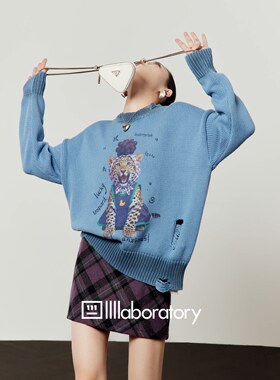 周里物出品「葡萄宝」蓝色毛衣女2026春季新款复古风破洞针织上衣