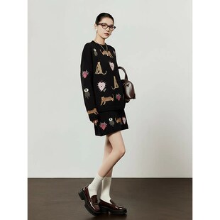 「周里物出品」黑色套装女2026春季新款宽松毛衣小A字半裙两件套