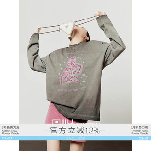 周里物出品「荧光粉马」废土灰T恤女2026春新款 印花上衣 宽松时尚