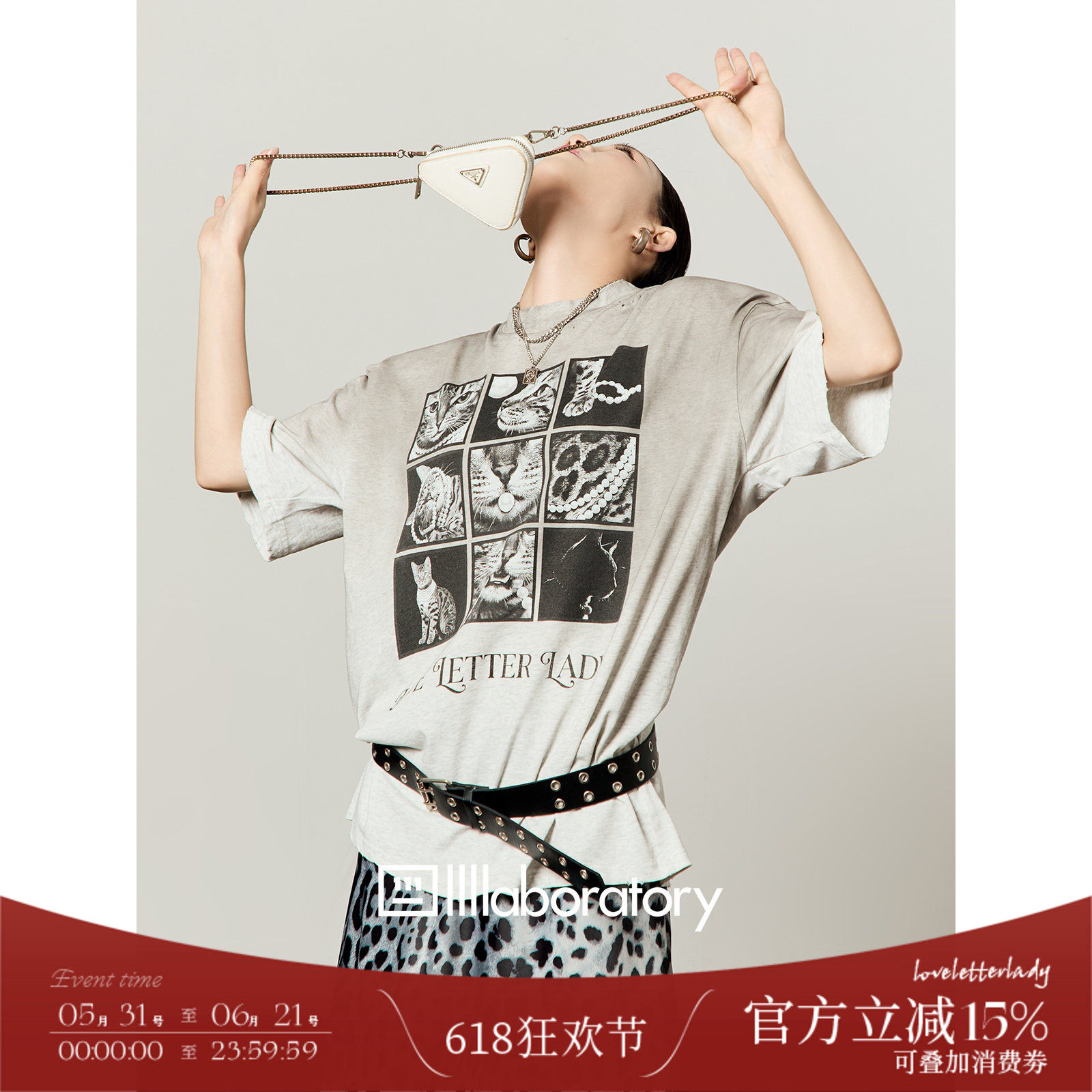 周里物/黑渐花灰拼图猫影数码印花t恤女2026夏季新款宽松辣妹短袖