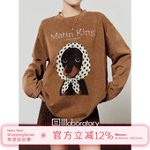 周里物出品「花巾萌宠」咖色上衣女2025秋季 新款 印花休闲做旧T恤