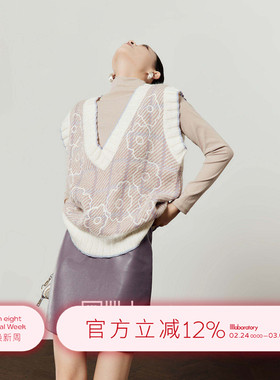 周里物/紫色马甲女2025年新款大V领提花撞色宽松通勤外穿针织马甲