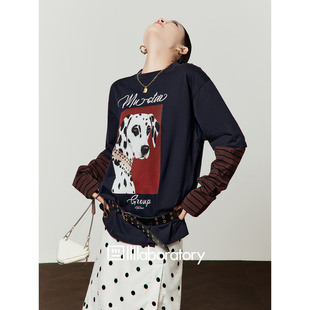 周里物出品「斑点狗」黑色T恤女2026春季新款圆领时尚宽松感上衣