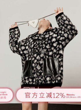 周里物/灰色外套女2026春季新款豹纹PU皮拼接宽松休闲通勤风上衣