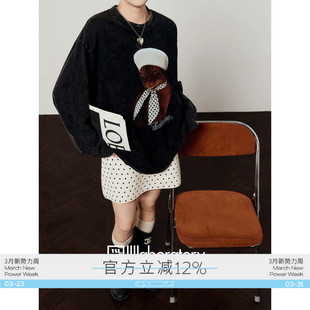 波点贝雷猫印花宽松风长袖 「周里物出品」黑色T恤女2026春季 新款