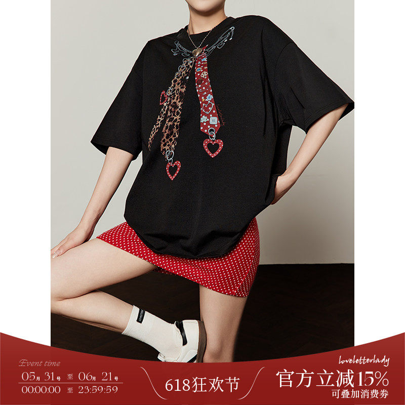 周里物/巧克力黑豹纹领带印花凉感t恤女夏2026新款宽松设计感短袖