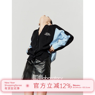 周里物/黑色上衣女2025秋季新款拼接条纹宽松小众设计V领针织开衫