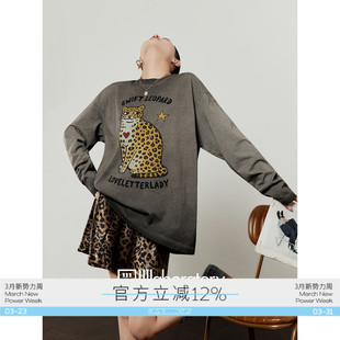 周里物出品「猫咪星」灰色T恤女2026春季 宽松休闲风圆领上衣 新款