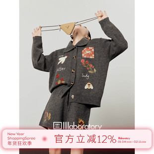 「周里物出品」灰色套装女2025秋季新款印花开衫/休闲短裤俩件套