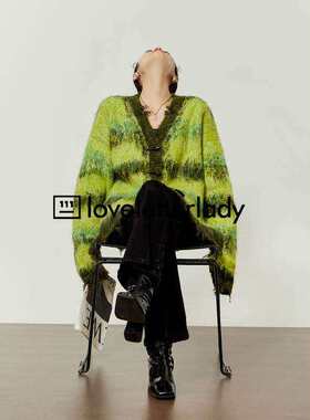 周里物/慵懒风绿色条纹马海毛毛衣提花开衫女2025春季新款针织衫