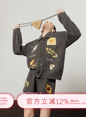 「周里物出品」灰色套装女2026春季新款慵懒感外套印花短裤俩件套