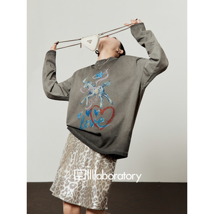 周里物出品「珍珠粉飘带」废土灰T恤女2026春季 宽松印花上衣 新款