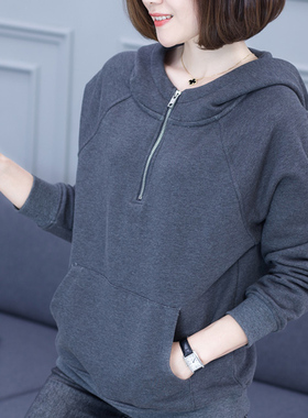 纯棉灰色带帽连帽卫衣女款大码宽松中年口袋拉链外套上衣休闲秋装