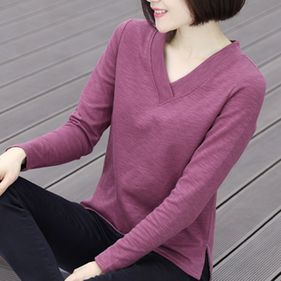 交叉领 纯棉中年妈妈打底衫 纯色V领竹节棉t恤长袖 女士春秋宽松大码