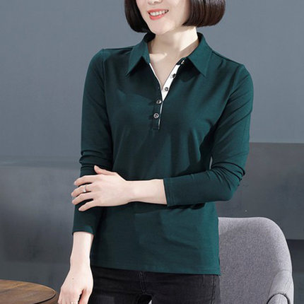 翻领墨绿色莫代尔棉T恤女长袖大码修身polo衫打底衫上衣妈妈小衫