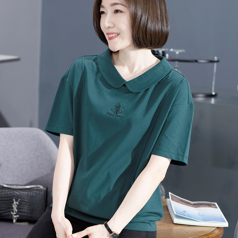 新品棉质休闲有口袋绿色宽松遮肚子上衣大码娃娃领短袖T恤女夏季