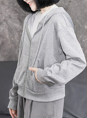 灰色连帽卫衣女款2025新款大码宽松拉链开衫外套秋冬中年长袖上衣