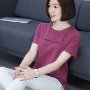 竹节棉体恤妈妈上衣 夏装 宽松中年字母汗衫 纯棉T恤女短袖 圆领半袖