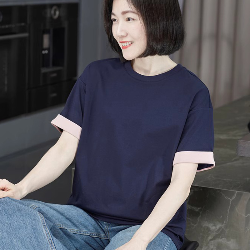 棉质高品质女士t恤短袖圆领大码宽松遮肉口袋小衫藏蓝色上衣夏款