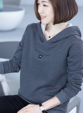 春秋纯棉加厚外套灰色连帽卫衣女长袖大码宽松胖mm外穿帽衫上衣