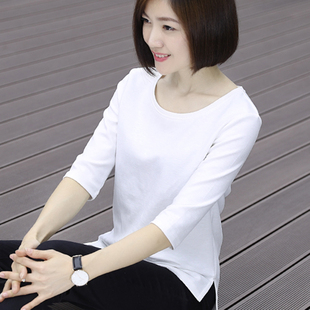 上衣 休闲版 白色竹节棉圆领宽松妈妈中袖 t恤女大码 纯棉中年七分袖