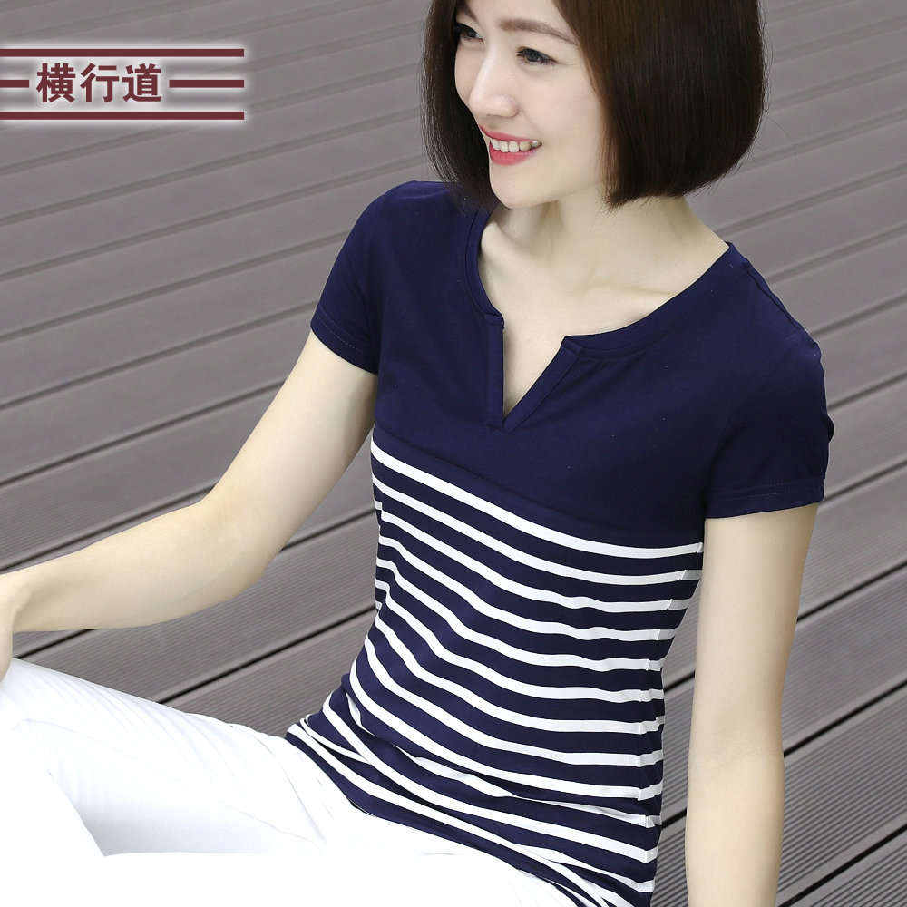 V领条纹短袖莫代尔女显瘦上衣夏
