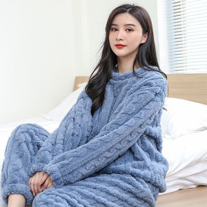 提花暖暖套装珊瑚绒睡衣女冬季加厚加绒长袖束口小个子ins网红风