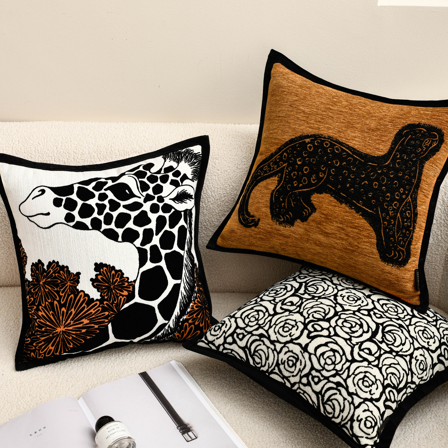 淡奶油风法式轻奢长方形黑白抱枕沙发大尺寸靠垫靠背垫靠枕靠背枕