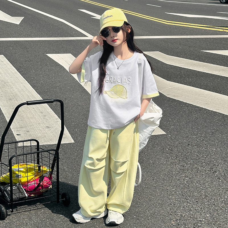 韩国女童短袖套装夏季2025新款洋气儿童体恤中大童休闲裤两件套潮