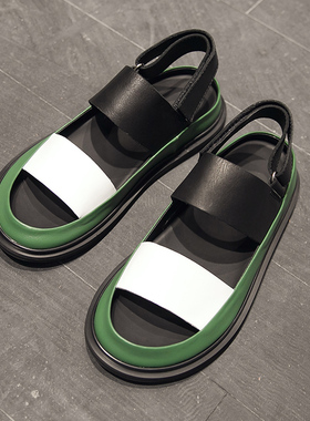 情侣款夏季欧洲站走秀款时尚潮鞋绿白拼色厚底真皮罗马凉鞋男女