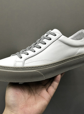 韩版百搭休闲小白鞋春季复古男鞋国潮灰色系带软面真皮板鞋男透气