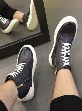 春季新款休闲男鞋子欧洲站走秀款潮鞋侧拉链真皮高帮板鞋男士加绒