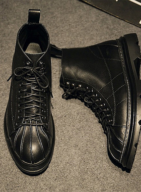 冬季厚底马丁靴欧洲站ins潮鞋加绒保暖男鞋贝壳头真皮高帮板鞋男