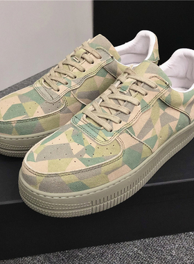 迷彩空军一号低帮鞋2025春季男鞋欧美潮鞋内增高厚底磨砂真皮板鞋