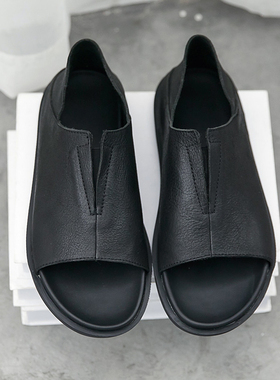 夏套脚鞋欧洲站走秀款潮鞋头层牛皮露趾半拖男士真皮厚底罗马凉鞋