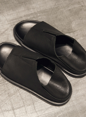 夏套脚鞋欧洲站走秀款潮鞋头层牛皮露趾半拖男士真皮厚底罗马凉鞋