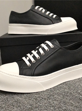 春季新品黑白拼色男鞋欧美时尚翘头潮鞋内增高厚底真皮休闲板鞋男