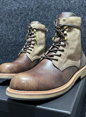 英伦复古短筒男靴子轻便防滑厚底伞兵靴男士磨砂真皮拼接款马丁靴